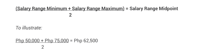 (Salary Range Minimum + Salary Range Maximum) = Salary Range Midpoint 2 To illustrate: Php 50,000 + Php 75,000 = Php 62,500 2